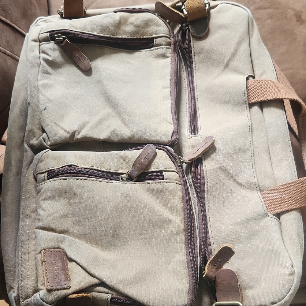 Tan Canvas Messenger/Backpack Bag with Leather Accents